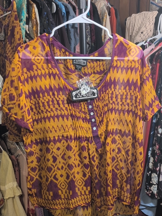Angie Tops - Angie Short-Sleeve Boho Button-Front Top in Mustard and Plum NWT